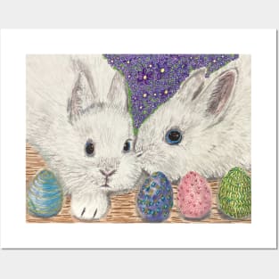 Easter Bunnies spring-colored eggs Posters and Art